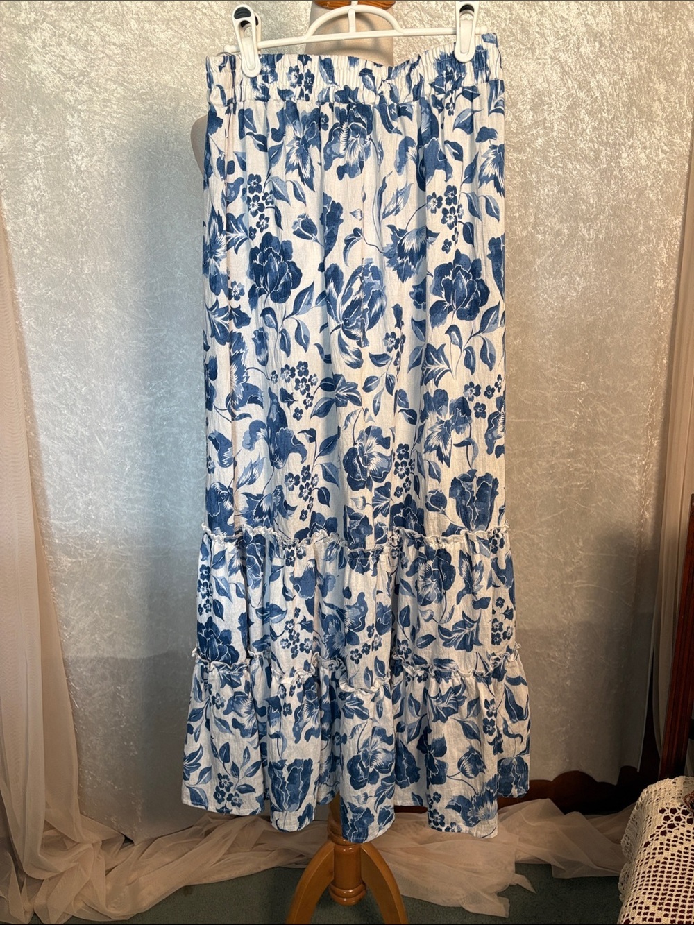 Miss Avenue Floral Maxi Skirt in Blue and White  Size S